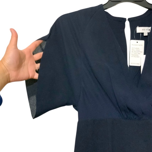 REISS Lyon Knee Length Laser Cut Open Back Navy Blue Sheath Dress Sz 6 Office - Picture 6 of 14